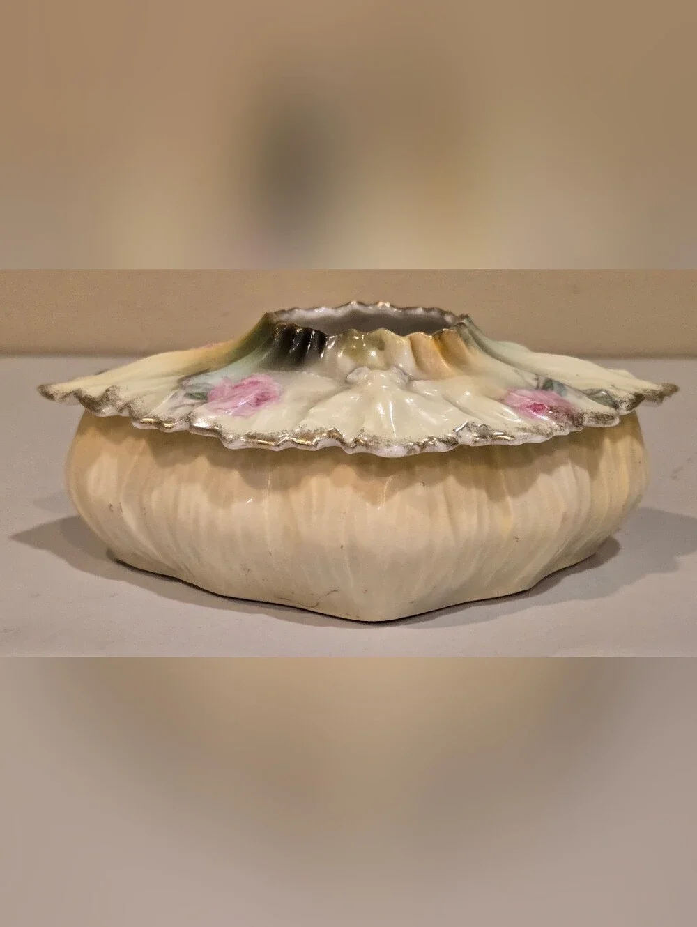 Victorian-Style Porcelain RS Prussia Hair Receiver with Pink Rose Accents